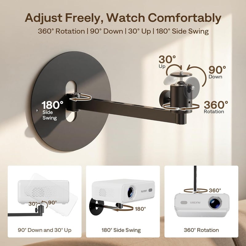 Aurzen Projector Wall Mount Shelf, Wall Use with Adjustable Angle, 360° Rotation and 90° Tilt, Foldable Heavy-Duty Metal Bracket, Supports 4.4 lbs, Compatible with TMY, HAPPRUN, Yaber, Epson - Image 2